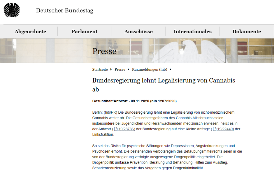 Die Regierung der BRD ist gegen Legalisierung von Cannabis
